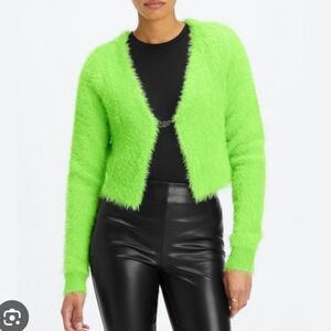 Fabletics Neon Green Fuzzy Cropped Cardigan Flame Closure Size Small